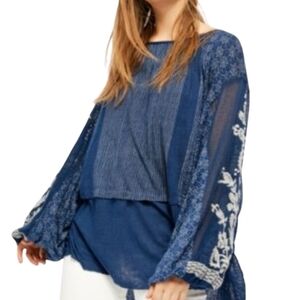 Free People Indigo Dreams Blue/White Tunic Size S Embroidery Patchwork Oversized